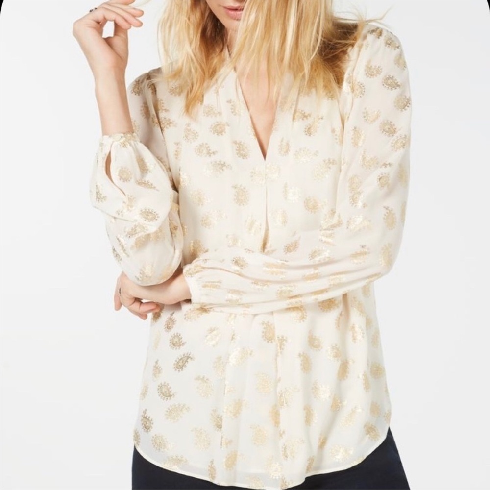 Michael Kors Floating Foil Paisley Blouse Cream Gold Holiday Special Occasion L